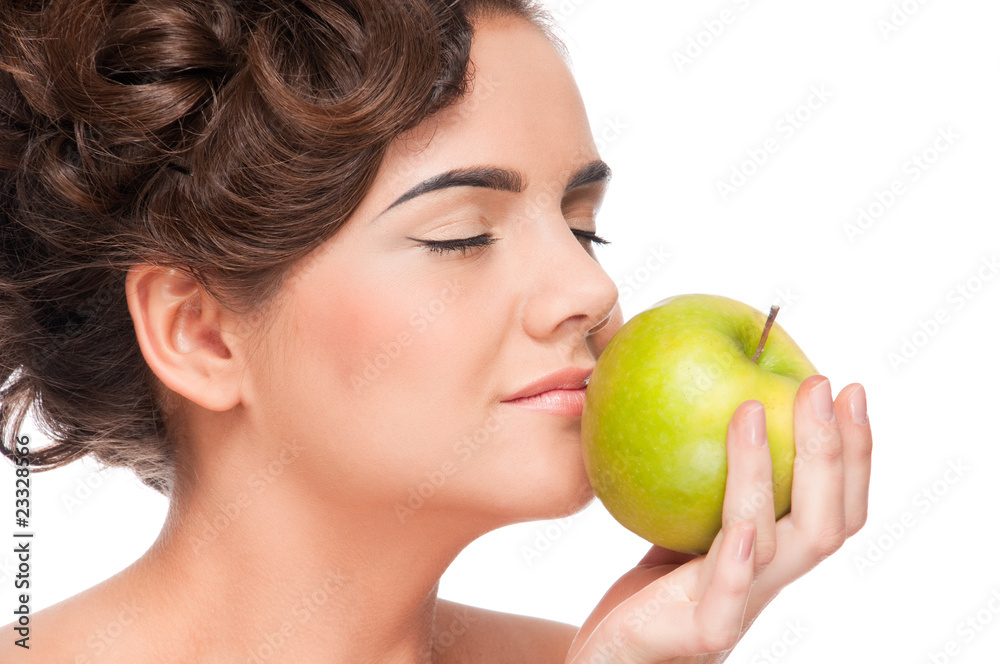 Closeup portrait of beauty woman with green apple Closeup portrait of beauty woman with green apple