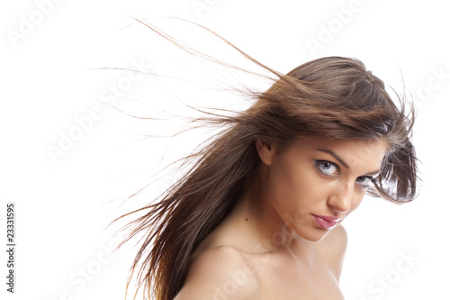 model with hair blowing