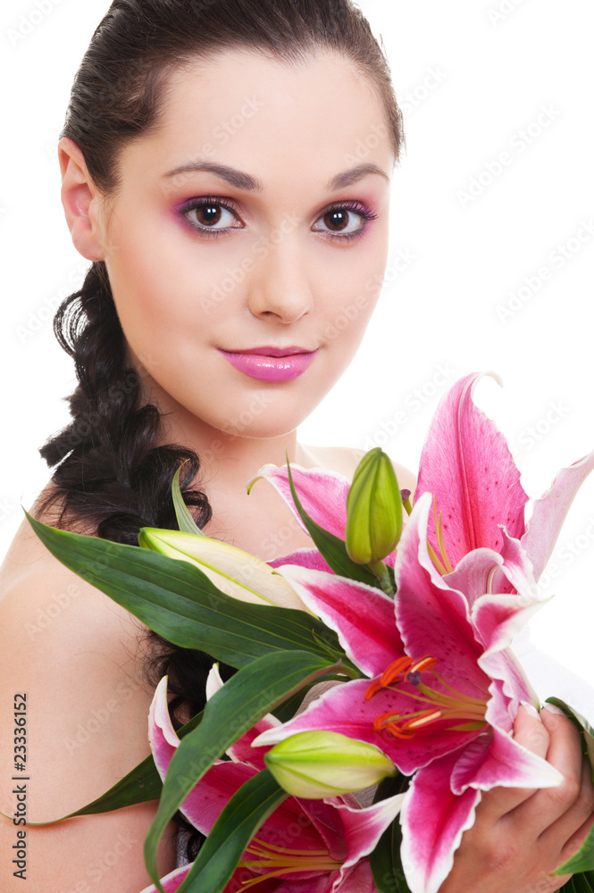 lovely woman with bunch of flowers