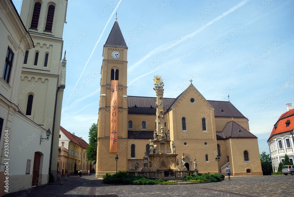 Statue of the Holy Trinity and the cathedral, Veszprem, Hungary
