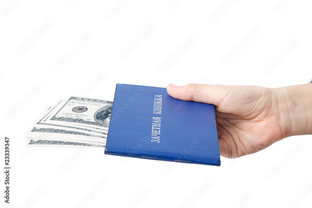 Hand with the record book and money. Bribe. Hand with the record book and money. Bribe.