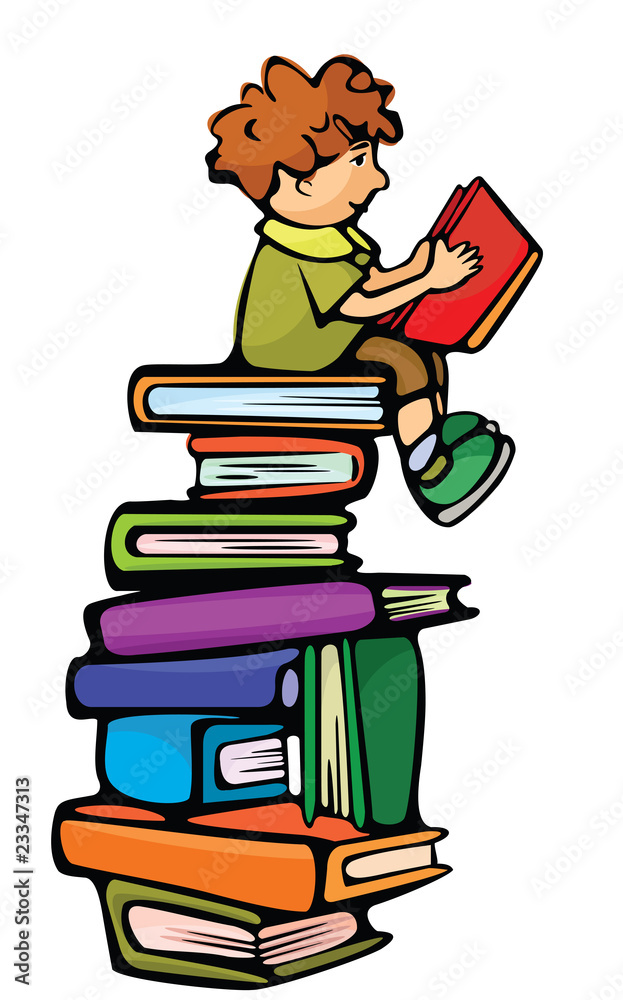 Boy is sitting on the books and reading red book. Boy is sitting on the books and reading red book.