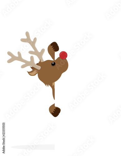 Rudolf peeping around the side of a blank sign