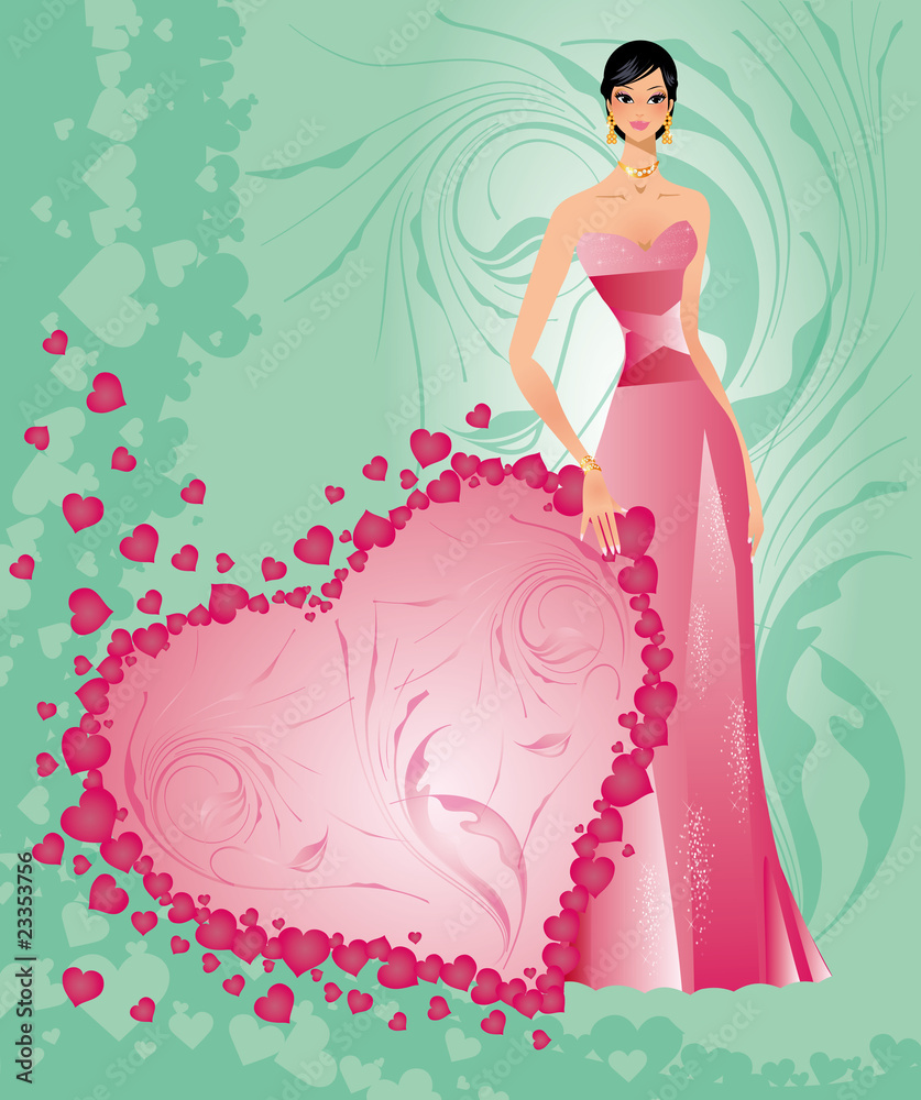 Wedding card with bride and hearts, vector