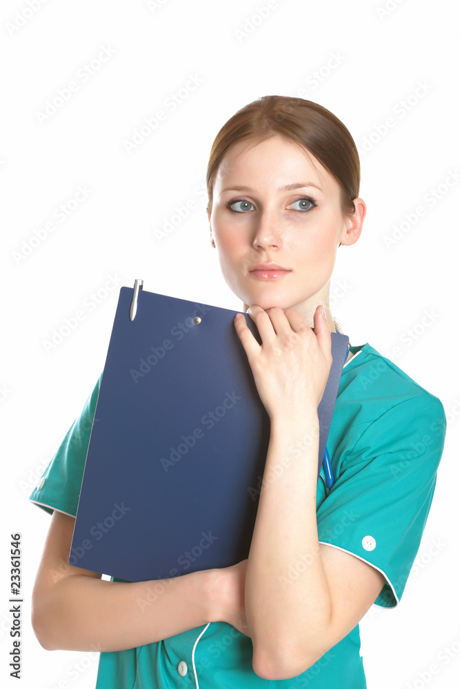 Portrait of serious female doctor in the green uniform Portrait of serious female doctor in the green uniform