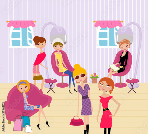 women in a beauty salon getting a hairstyle and manicure
