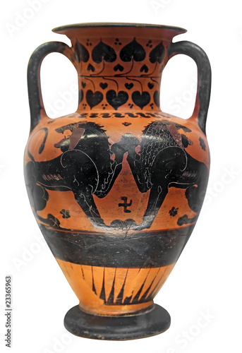 Ancient greek vase with two lions isolated on white