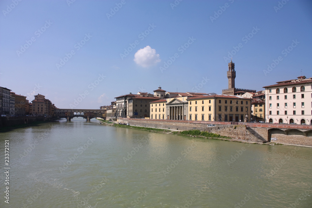 Florence across the Arno River. Palazzo Vecchio & Ponte Vecchio