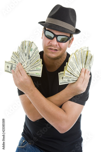 man with lots of 100 dollar notes