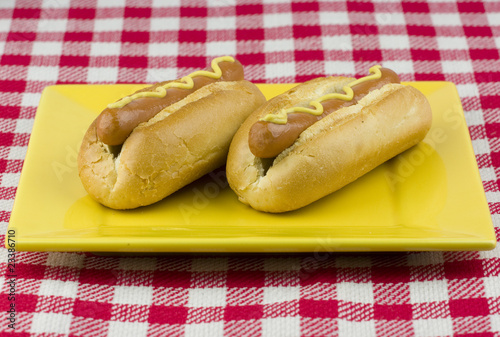 Two hot dogs with mustard