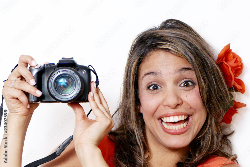 Happy young woman with camera Happy young woman with camera