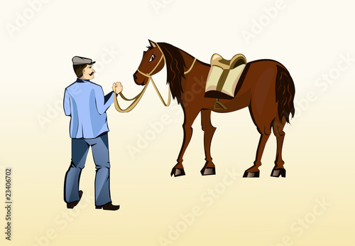 farmer keeps the horse's bridle