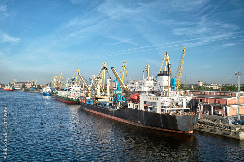 Cargoships and cranes in the harbor