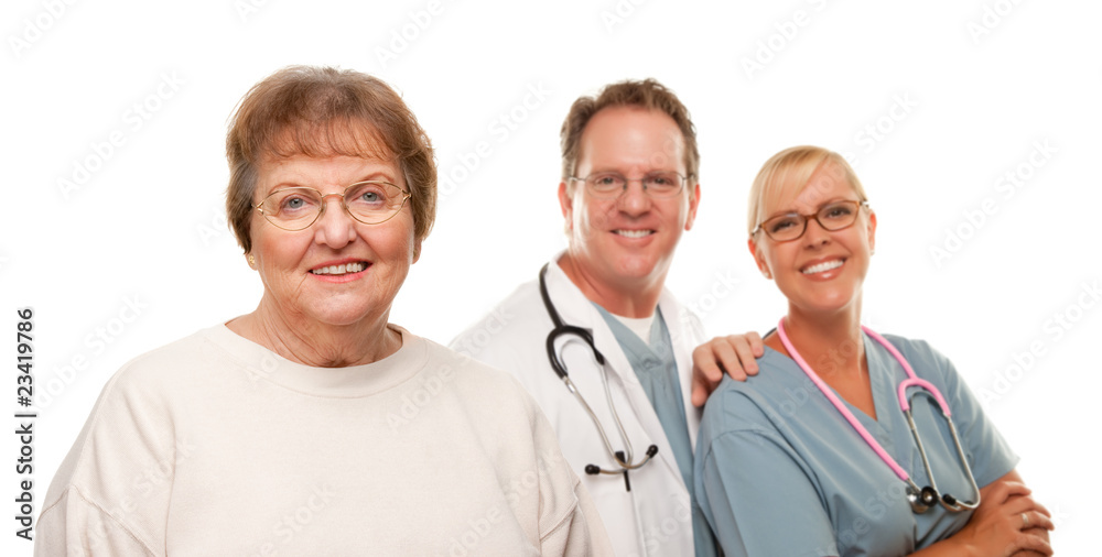 Smiling Senior Woman with Medical Doctor and Nurse Behind Smiling Senior Woman with Medical Doctor and Nurse Behind