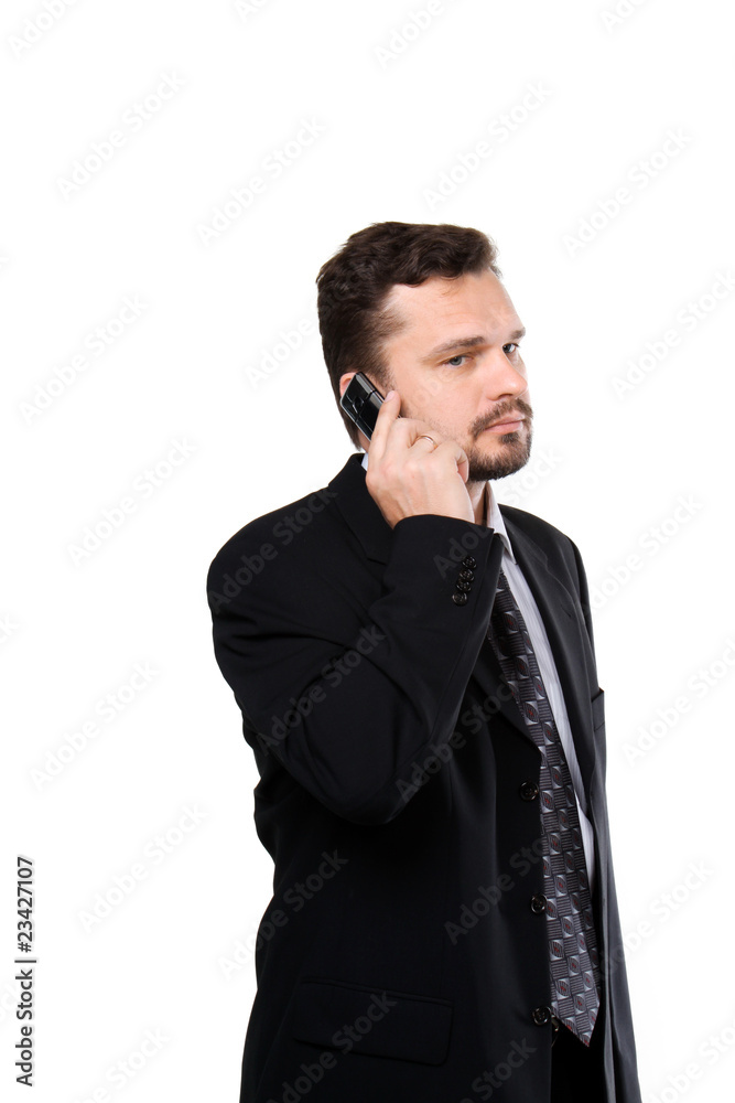 Confident mature business man in black suit on phone Confident mature business man in black suit on phone