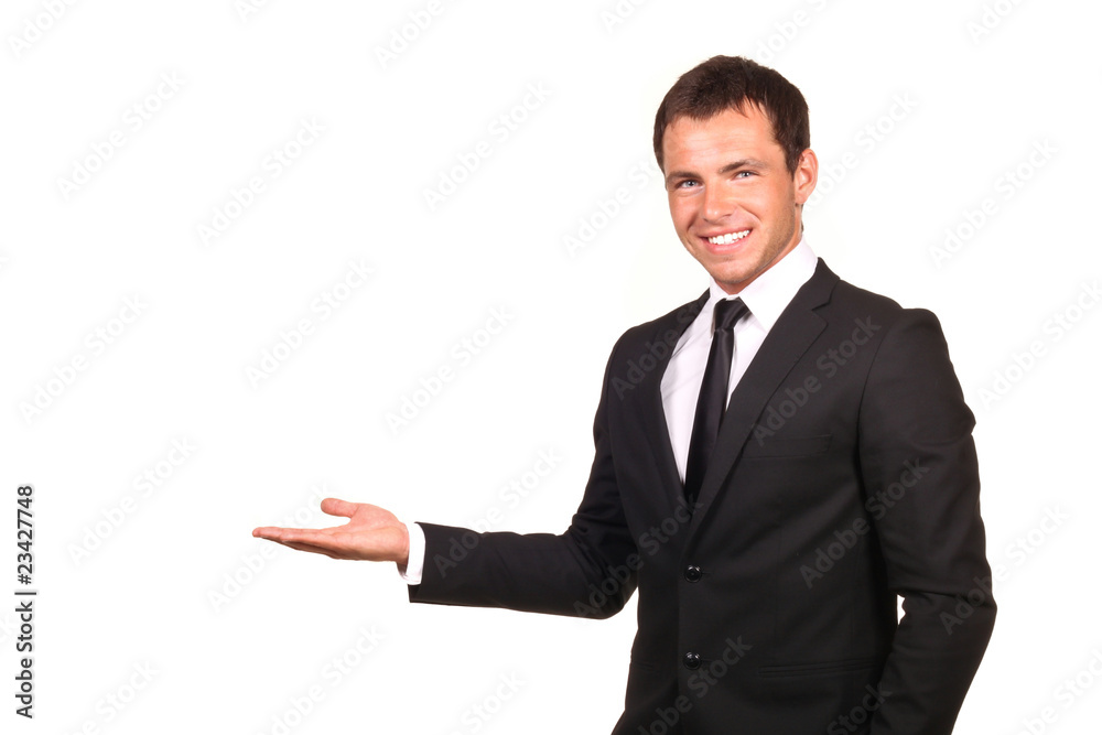 Business man presenting over a white background Business man presenting over a white background
