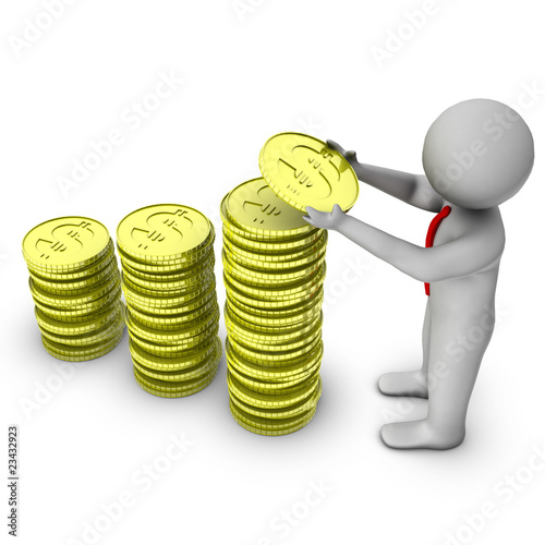 3d man with stack of dollar coins