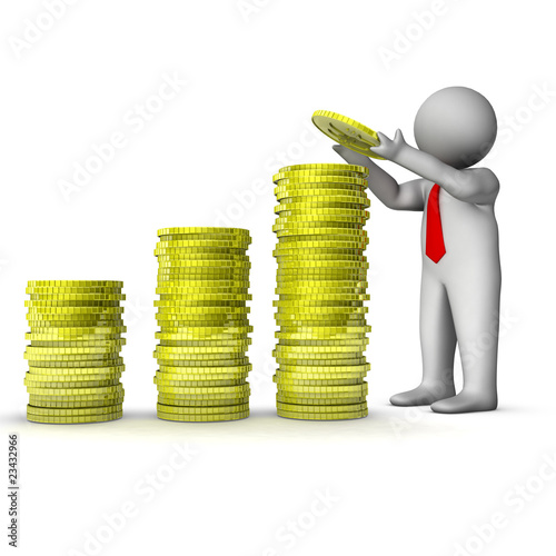 3d man with stack of dollar coins