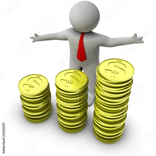 3d man with stack of dollar coins