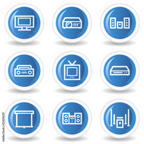 Audio video web icons, blue glossy circle buttons