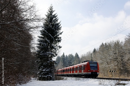 S-Bahnzug bei Winter im Wald