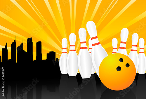 Bowling pin background vector with ball and city with burst
