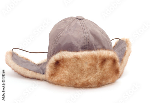 hat with ear-flaps isolated on white.