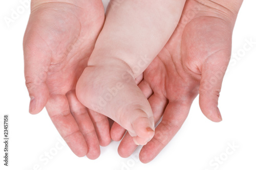 Children foot and adult hand