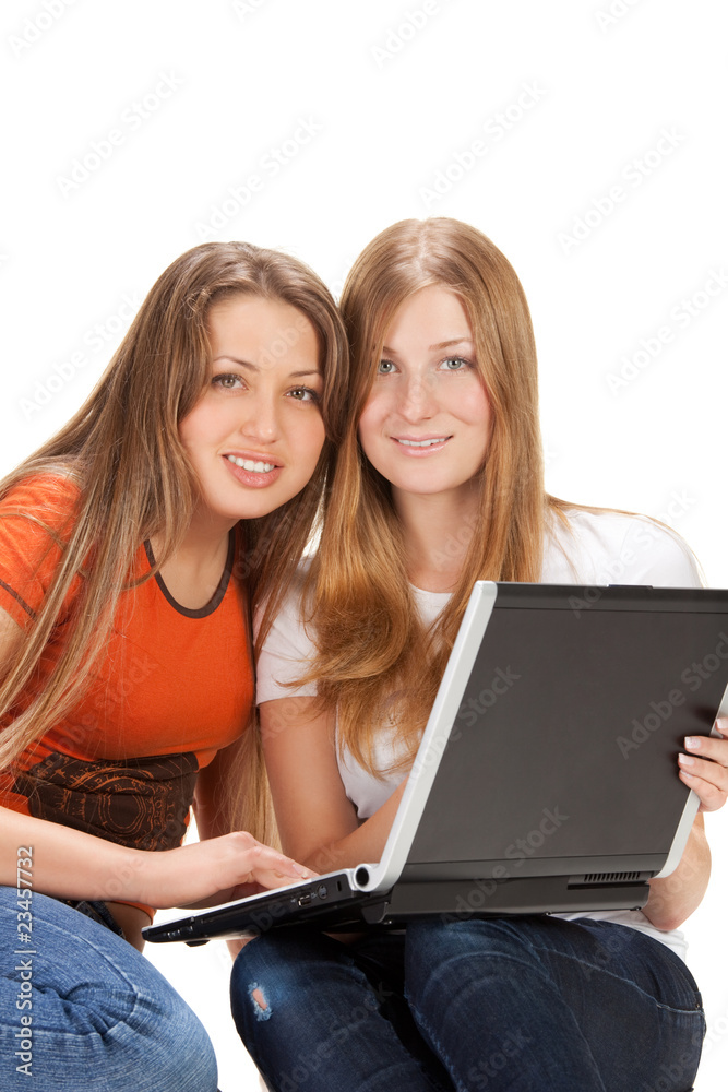 two young happy student girl work on laptop computer isolated on