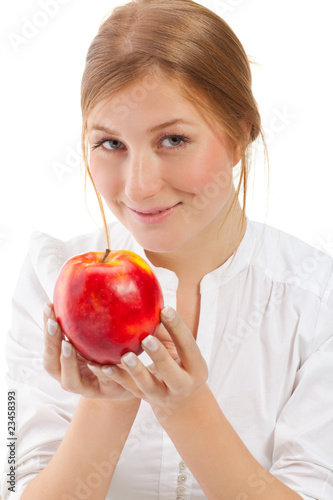 Beautiful woman holding apple, isolated on white background