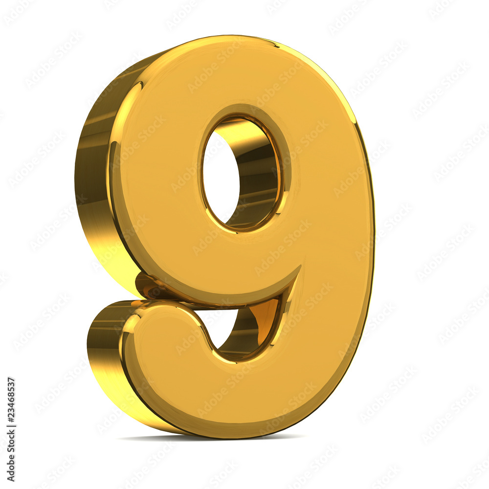Number 9, in gold metal on a white isolated background Number 9, in gold metal on a white isolated background