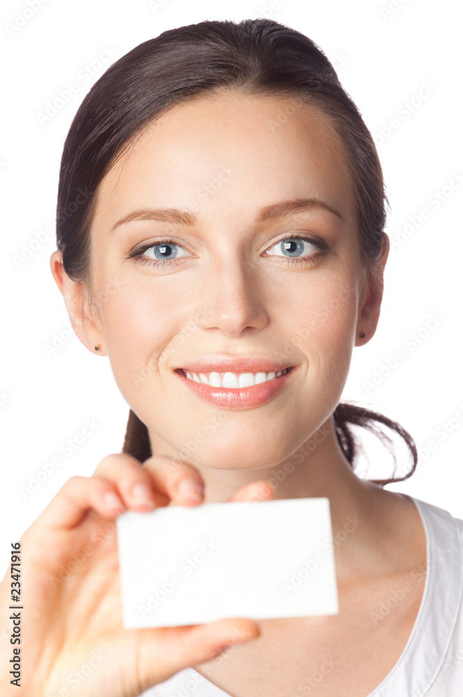 Businesswoman giving business card, isolated on white Businesswoman giving business card, isolated on white