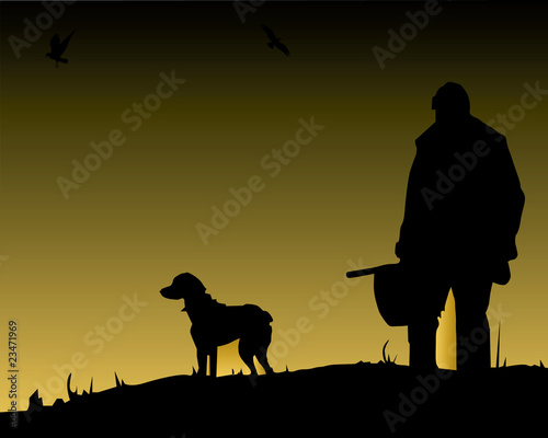 The hunter with a dog against a dark background