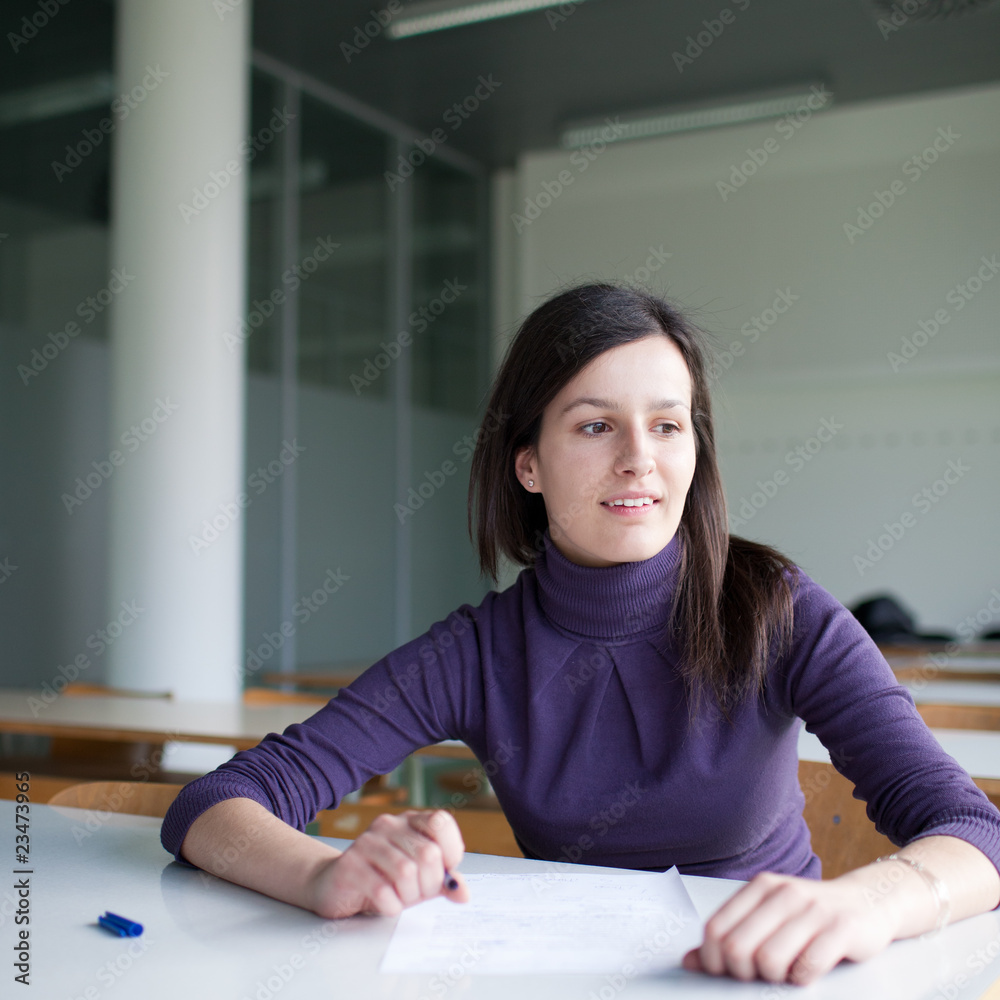 portrait of a pretty college student working in a classroom portrait of a pretty college student working in a classroom