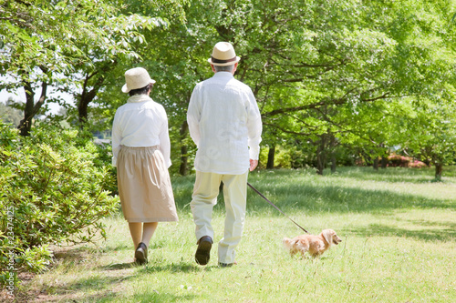 Photographie 犬と散歩する老夫婦