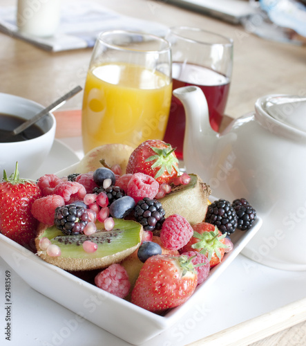 healthy breakfast with fruit and juice