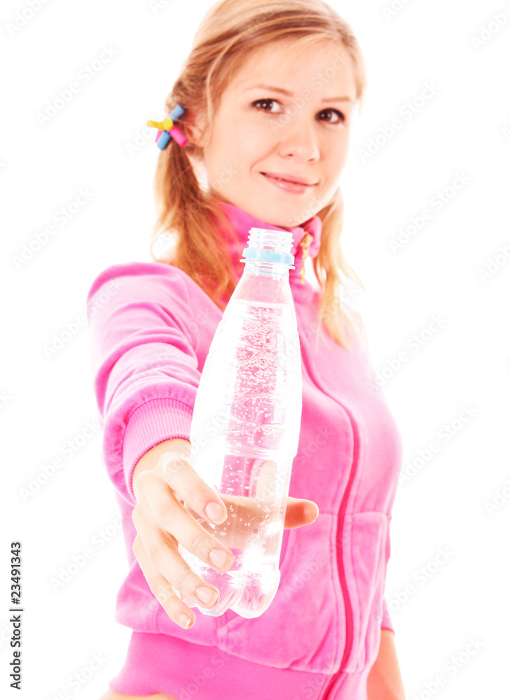Young woman with bottle of water isolated on white Young woman with bottle of water isolated on white
