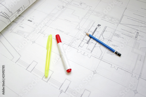 Pen and pencil on the opening floor plan drawing.