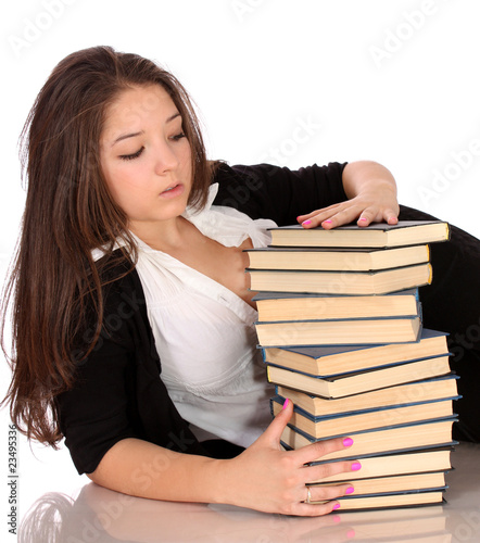 girl-student with books, isolated.