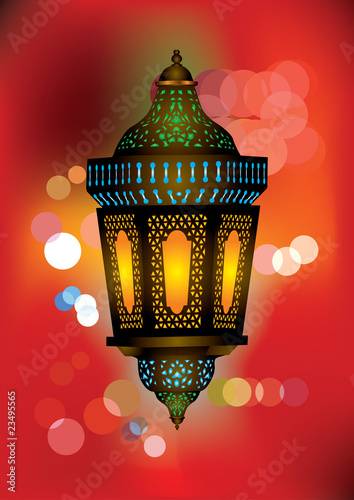Intricate arabic lamp with beautiful lights in the background