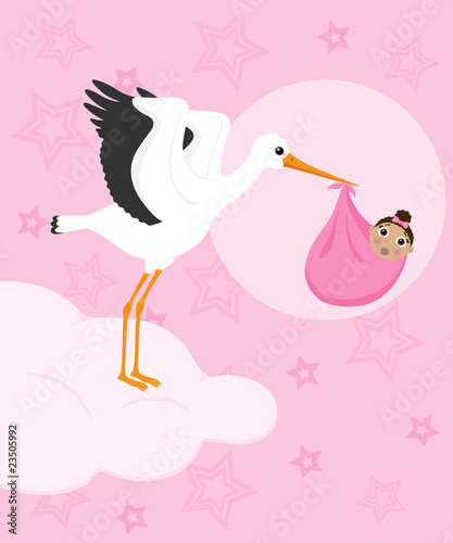 Stork carrying a baby girl of african descent