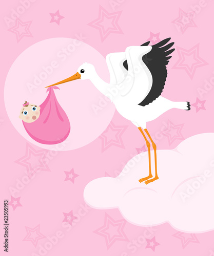 Stork carrying a baby girl