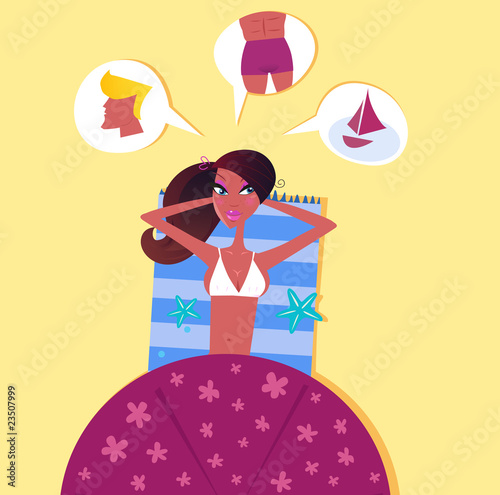 Single sexy woman on the beach dreaming about perfect man