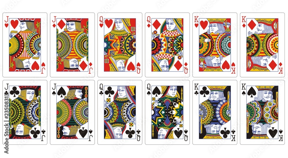 A set of three playing cards showing a Jack, Queen and King. All