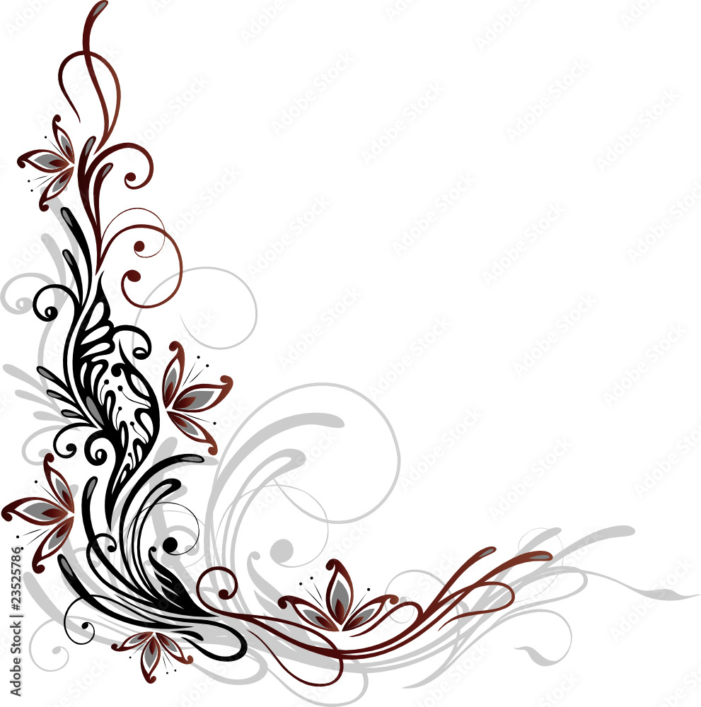 Ranke, floral, filigran, Blumen, Blätter, rot, schwarz Ranke, floral, filigran, Blumen, Blätter, rot, schwarz