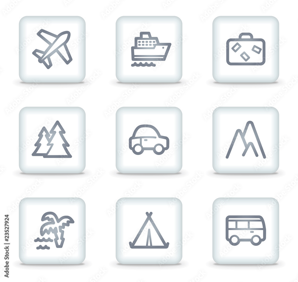 Travel web icons set 1, white square buttons Travel web icons set 1, white square buttons