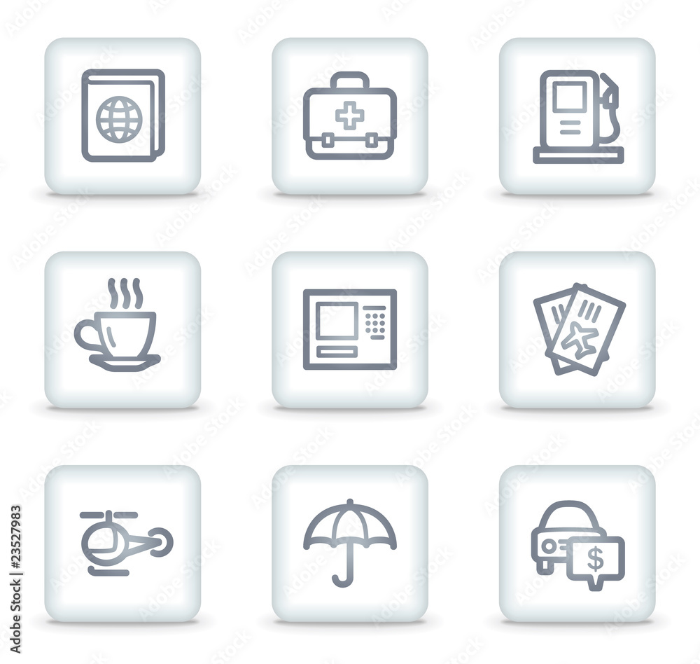 Travel web icons set 4, white square buttons Travel web icons set 4, white square buttons
