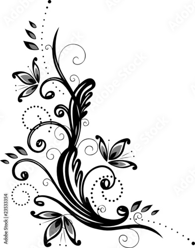 Ranke, floral, filigran, Blumen, Blätter, grau, schwarz