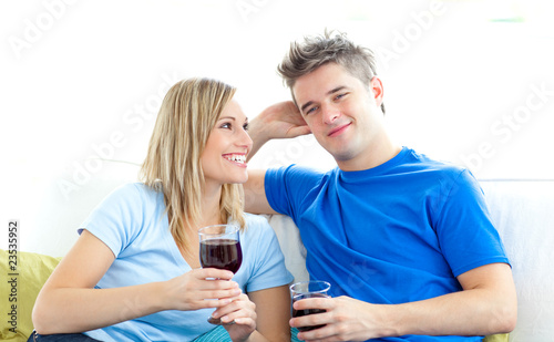 Cute couple drinking wine together in the living-room