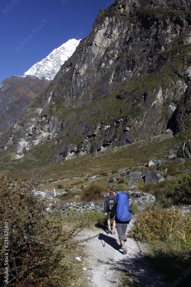 Trekkers walking in the Langtang Valley.